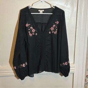 Torrid Black Blouse with Pink Floral Embroidery